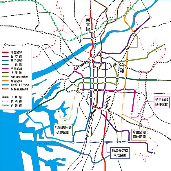 大阪の路線図マップ（編集部作成）。なお、南港ポートタウン線は地下鉄ではなく新交通システム。