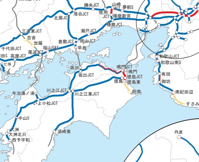 NEXCO西日本の道路網図。本州と四国を結ぶ高速道路は、JB本四高速の管轄のためグレーの線になっている（NEXCO西日本の公式サイトより）