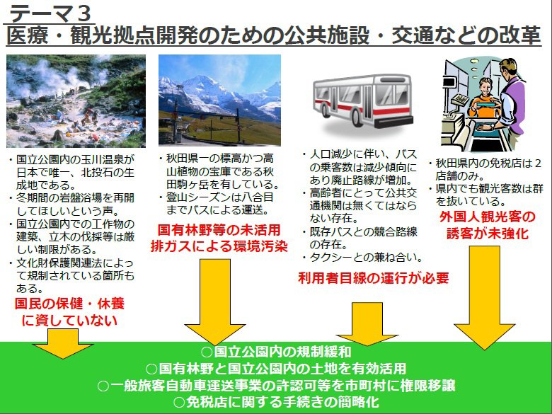 テーマ3「医療・観光拠点開発のための公共施設・交通などの改革」の概要（仙北市資料より）
