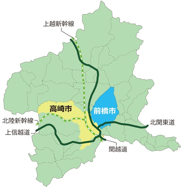 群馬県内における前橋と高崎の位置関係。高崎は埼玉県境に飛び地がある（編集部作成）