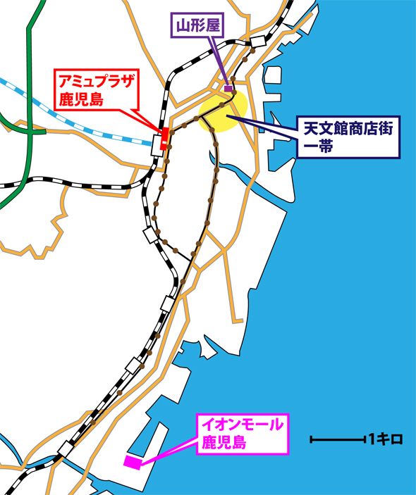 鹿児島市の商業施設の位置（編集部作成）