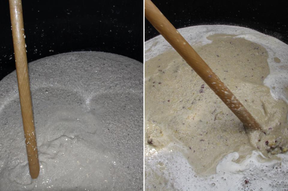 向かって左がイモを入れる前のもろみ、右が入れたあと